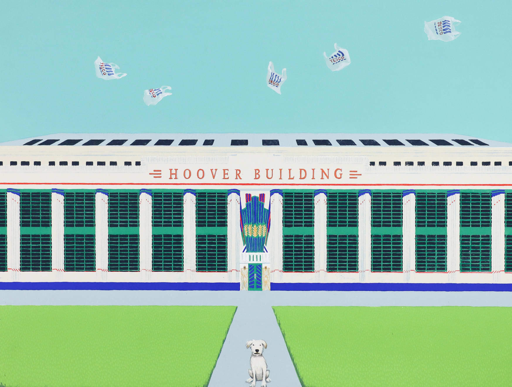 Christmas Secret Bid Auction 2025, LOT 12: Mychael Barratt - Wes Anderson’s Dog - Hoover Building with Tesco Bags, 2021