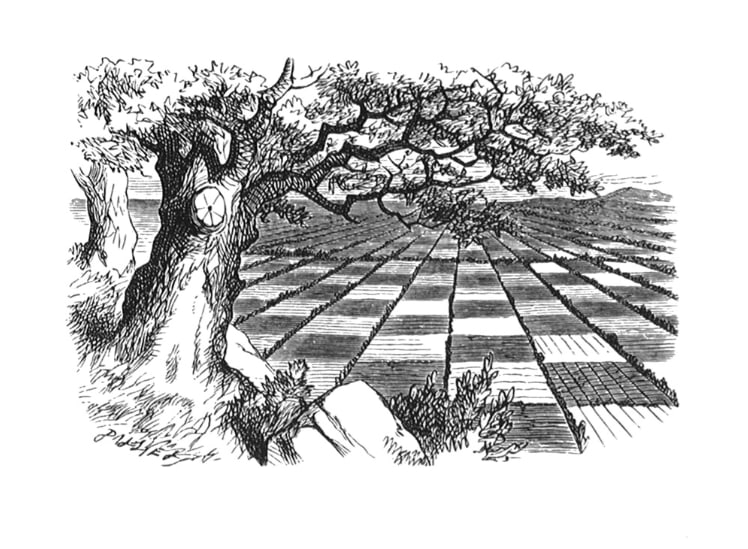 John Tenniel, Alice stood without speaking, looking out in all directions over the country - and a most curious country it was...