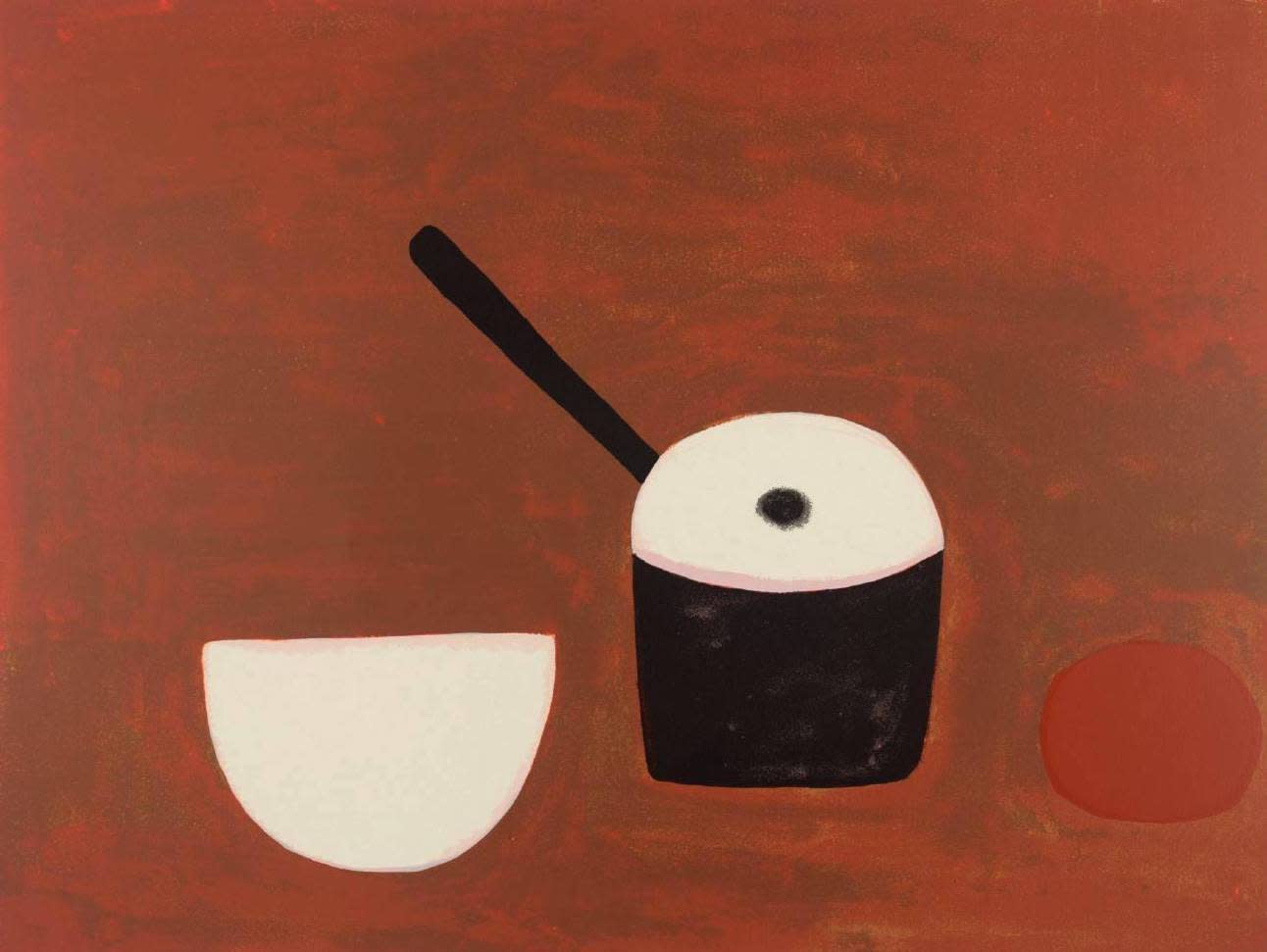 William Scott, White Bowl, Black Pan, on Brown, 1970