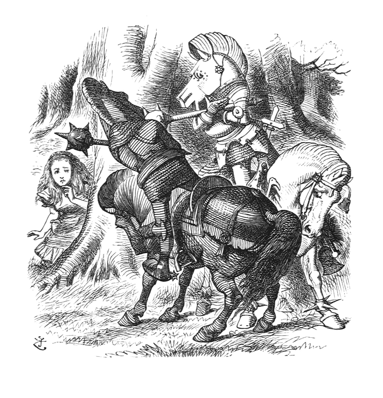 John Tenniel, They began banging away at each other with such a fury that Alice got behind a tree..., 1988