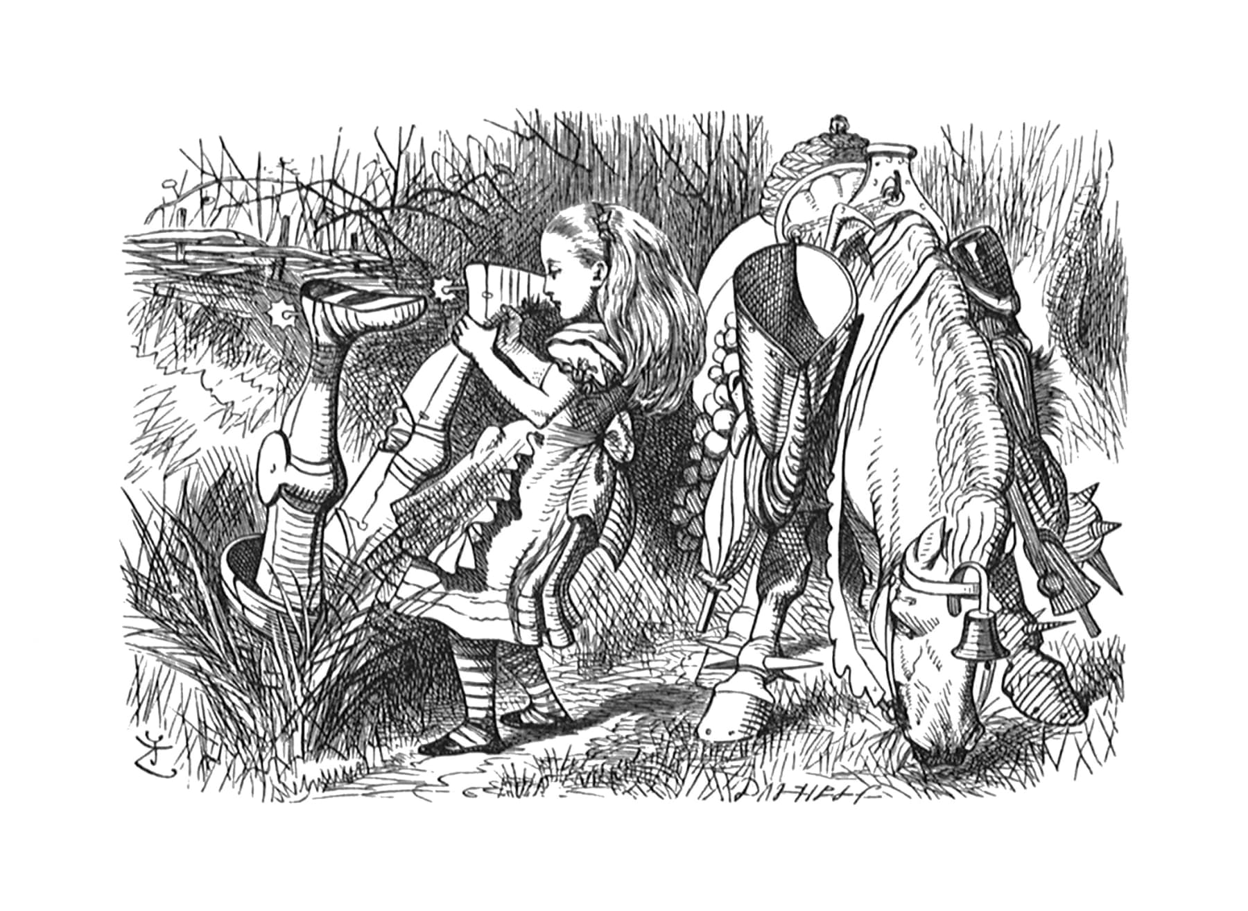 John Tenniel, How can you go on talking so quietly, head downwards? Alice asked, as she dragged him out by the feet...