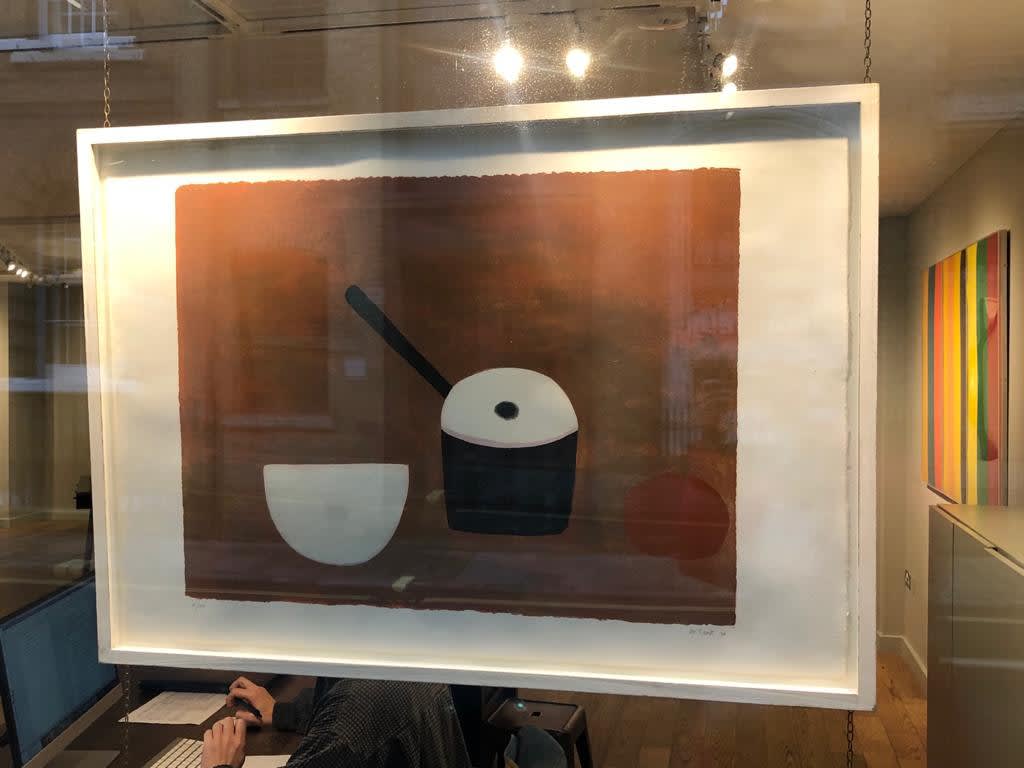 William Scott, White Bowl, Black Pan, on Brown, 1970