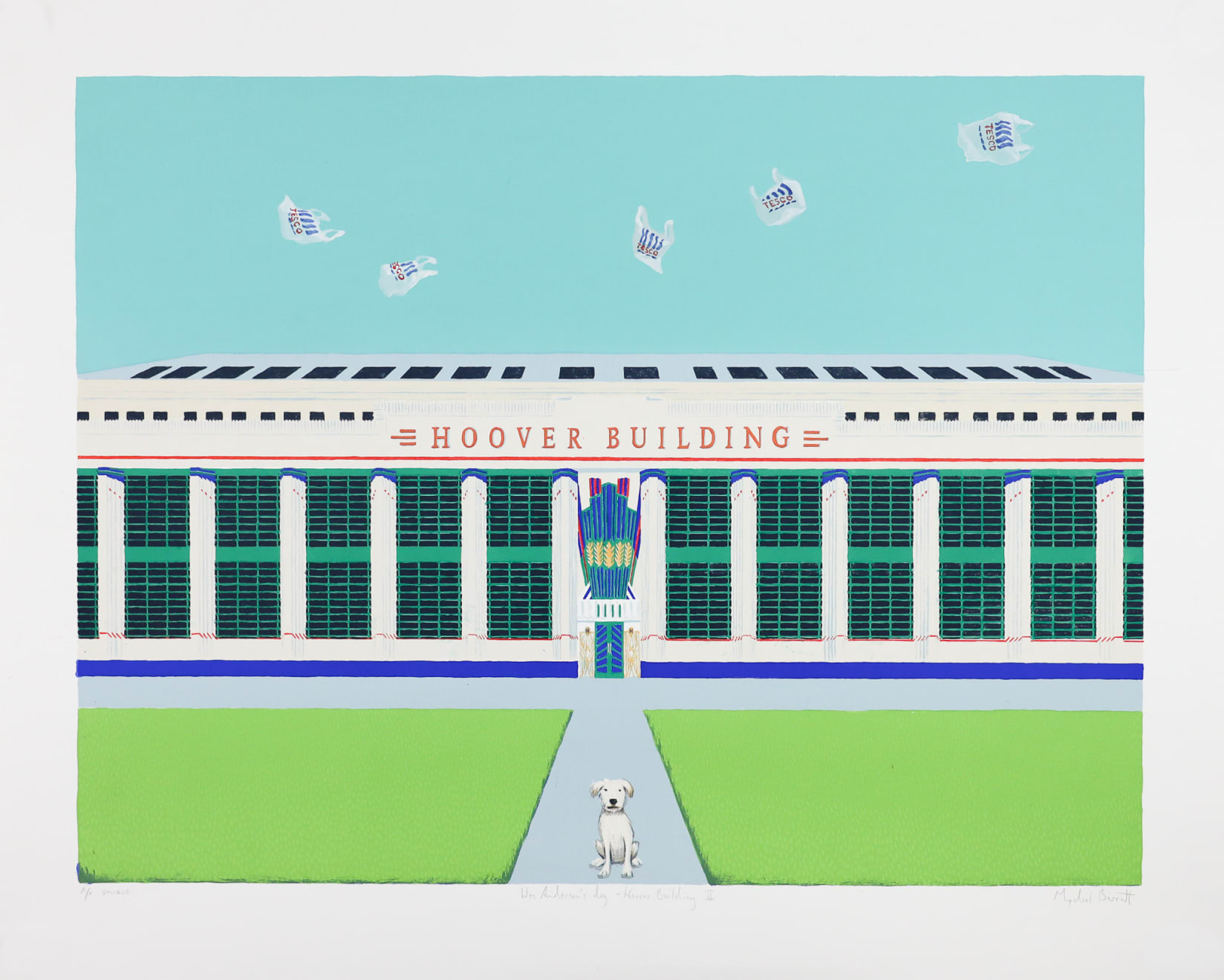 Christmas Secret Bid Auction 2025, LOT 12: Mychael Barratt - Wes Anderson’s Dog - Hoover Building with Tesco Bags, 2021