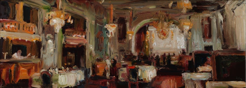 Douwe Elias - Interieur Praags restaurant - 2015 - olieverf op paneel - 30 x 80 cm
