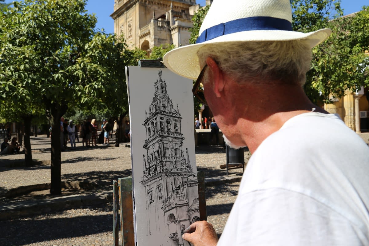 Gerard Byrne sketching plein air Patio de Naranjos, Cordoba Mosque Cathedral, Spain