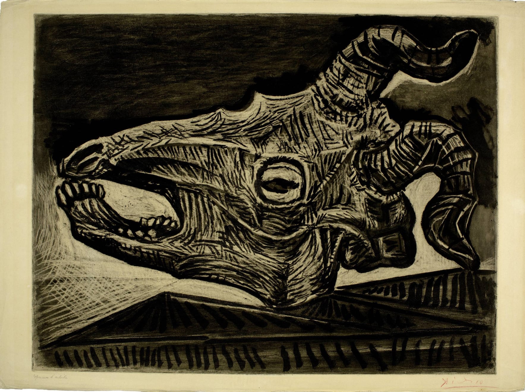 PABLO PICASSO, Crâne de chèvre sur la table (Bloch 696), 1953