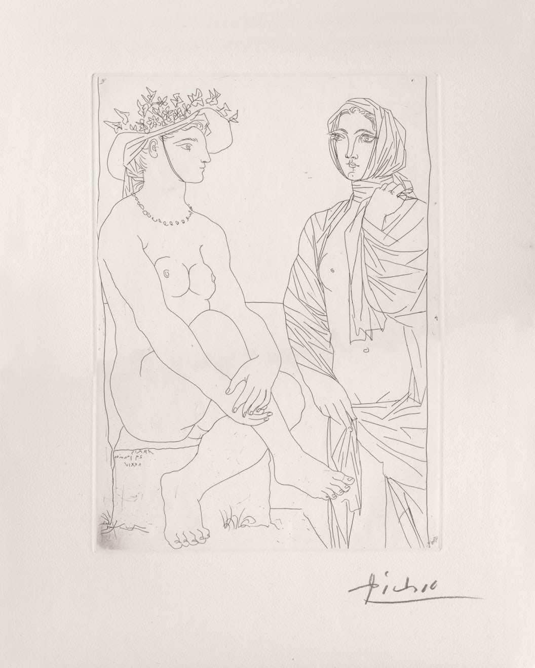 PABLO PICASSO, Au Bain, Femme au Chapeau à Fleurs et Femme drapée dans une Serviette (Bloch 210), 1934 (January 29, Paris)