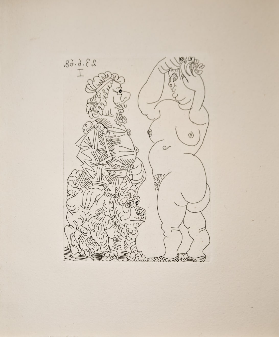 PABLO PICASSO, Grosse Prostituée et Homme au Béret rembranesque et au Bouledogue français (Bloch 1661), 1968 (June 23.I, Mougins)