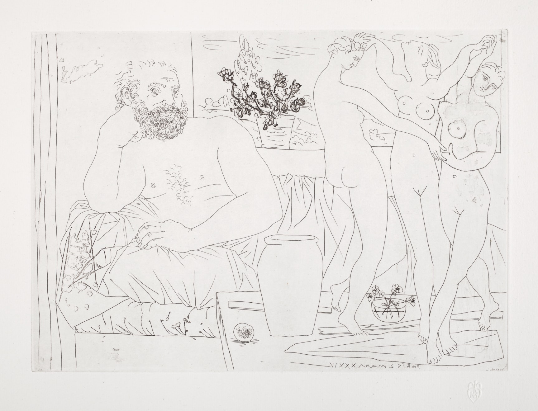 PABLO PICASSO, Sculpteur avec un Groupe sculpté (Hommage à Carpeaux) (Bloch 217), 1934 (March 2, Paris)