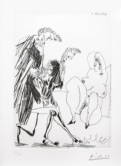 PABLO PICASSO, Grosse courtisane saluée par trois gentilshommes linéaires (Bloch 1663), 1968 (June 25.I, Mougins)
