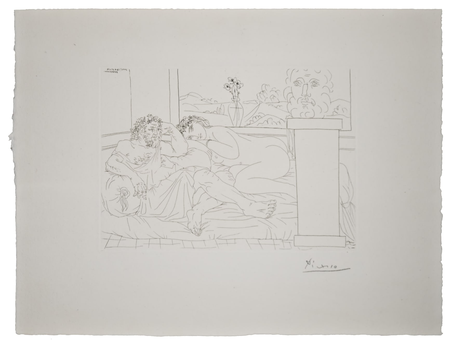 PABLO PICASSO, Vieux Sculpteur Grec avec Modèle, Vase aux trois Anémones et Autoportrait sculpté (Bloch 174), 1933 (April 4, Paris)