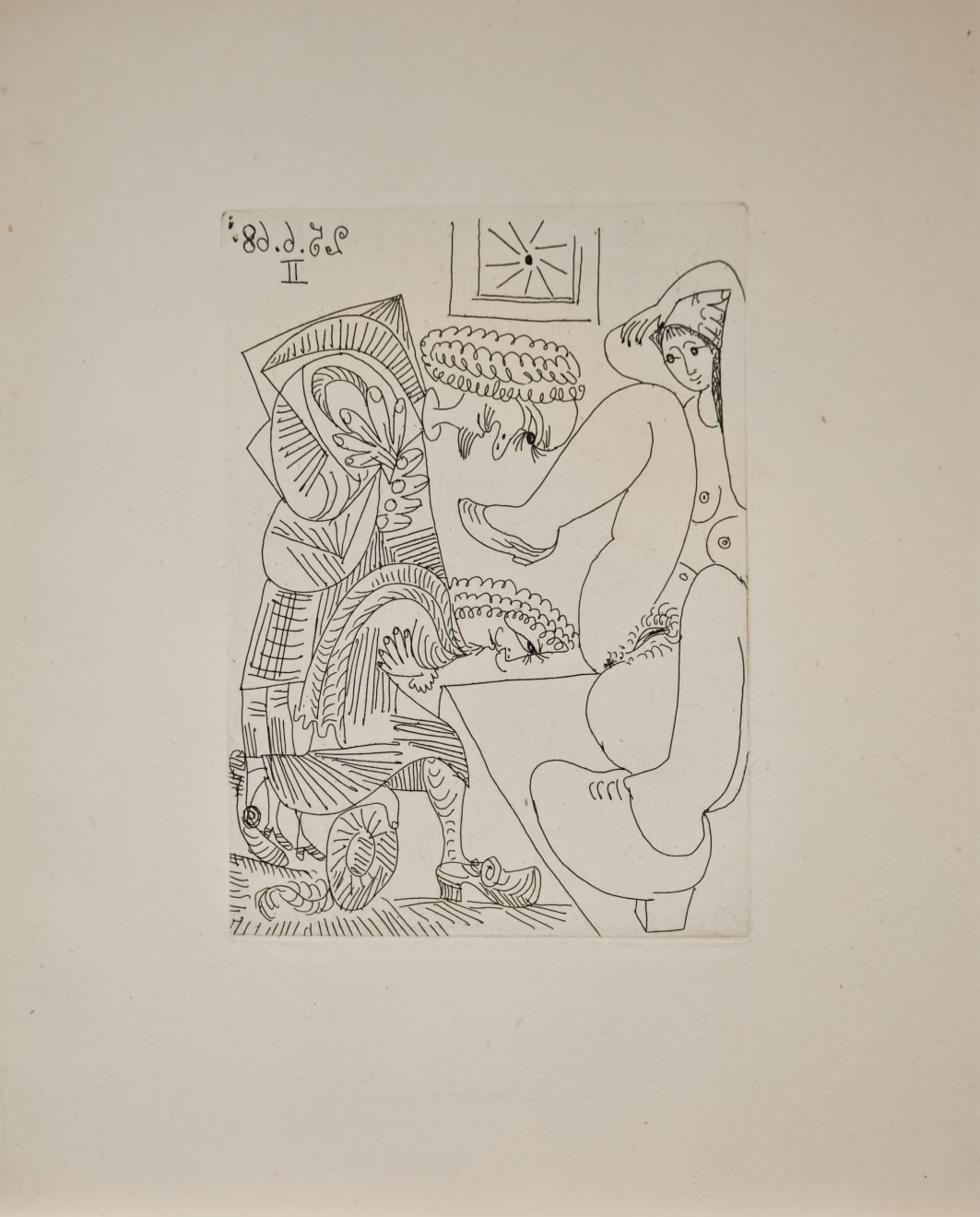 PABLO PICASSO, Jeune Femme montrant son sexe à deux Courtisans grotesques prosternés (Bloch 1664), 1968 (June 25.II, Mougins)