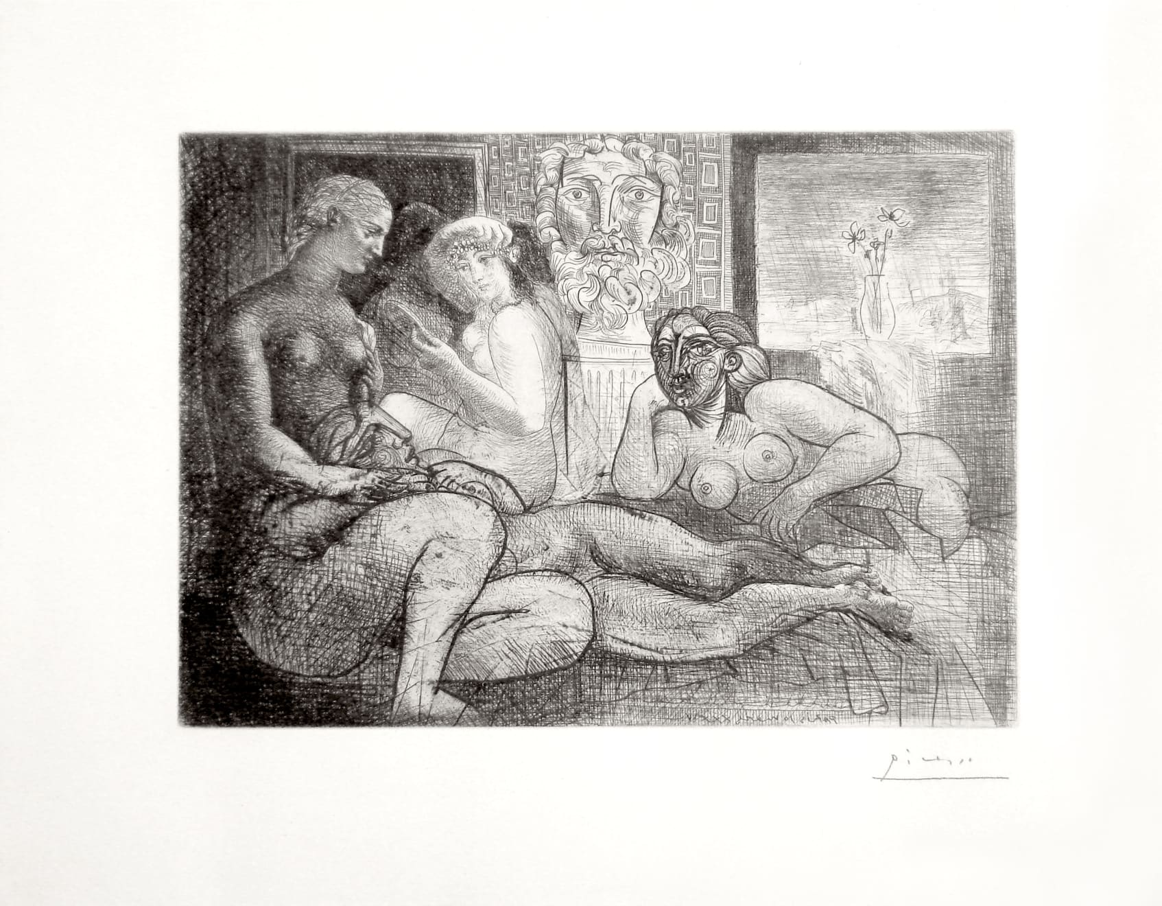 PABLO PICASSO, Femmes entre Elles avec Voyeur sculpté. Clin d'Oeil au Bain turc (Bloch 219), 1934 (March 10, Paris)