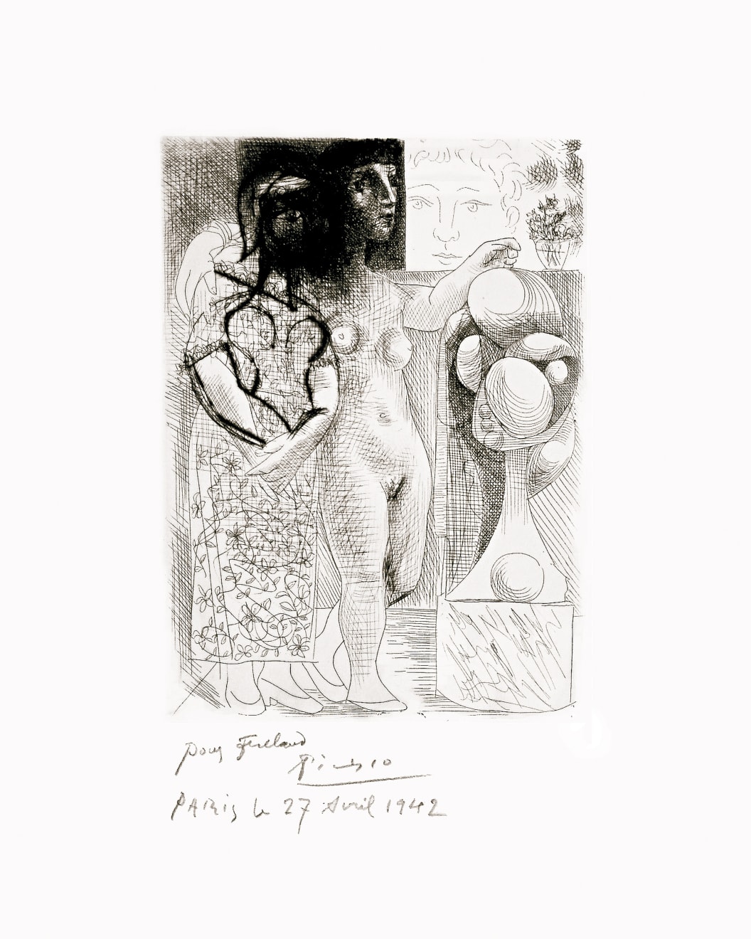 PABLO PICASSO, Muse montrant à Marie-Thérèse pensive son Portrait sculpté (Bloch 257), 1933 (March 17 III, Paris)
