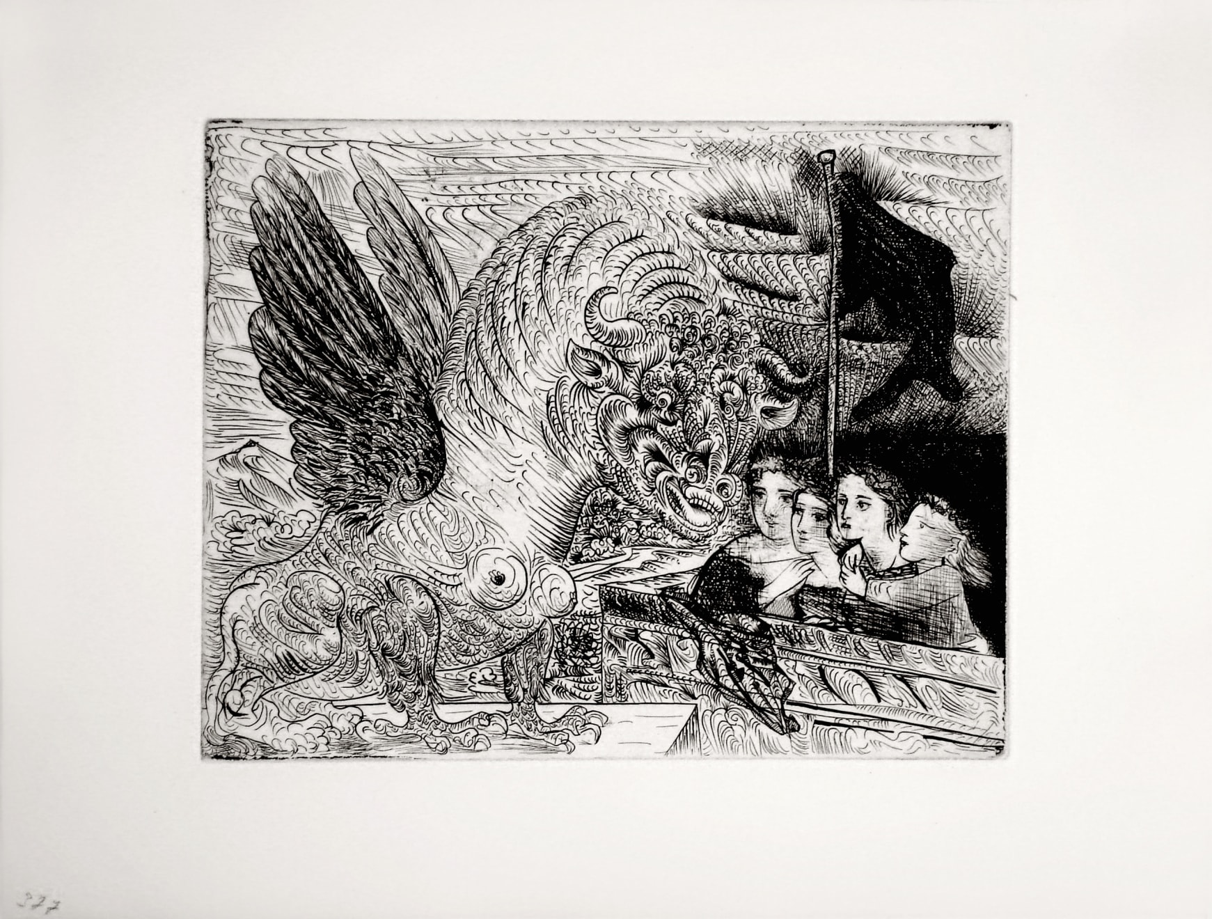 PABLO PICASSO, Harpye à Tête de Taureau, et Quatre Petites Filles sur une Tour surmontée d’un Drapeau noir (Bloch 229), 1934 (December, Paris)