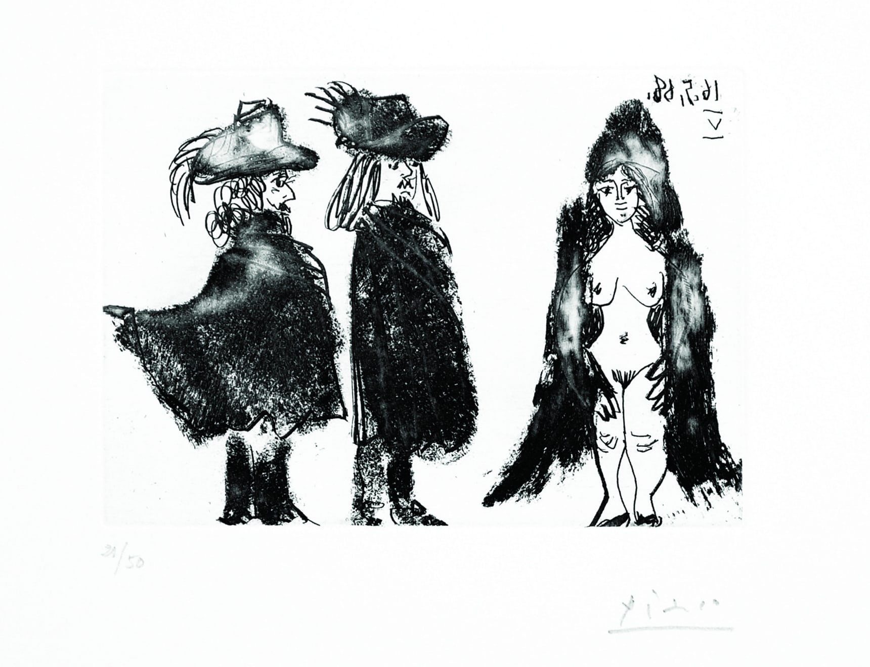 PABLO PICASSO, Cavalier et son valet, et Jeune Fille vêtue d’une mante (Bloch 1576), 1968 (May 16.V, Mougins)