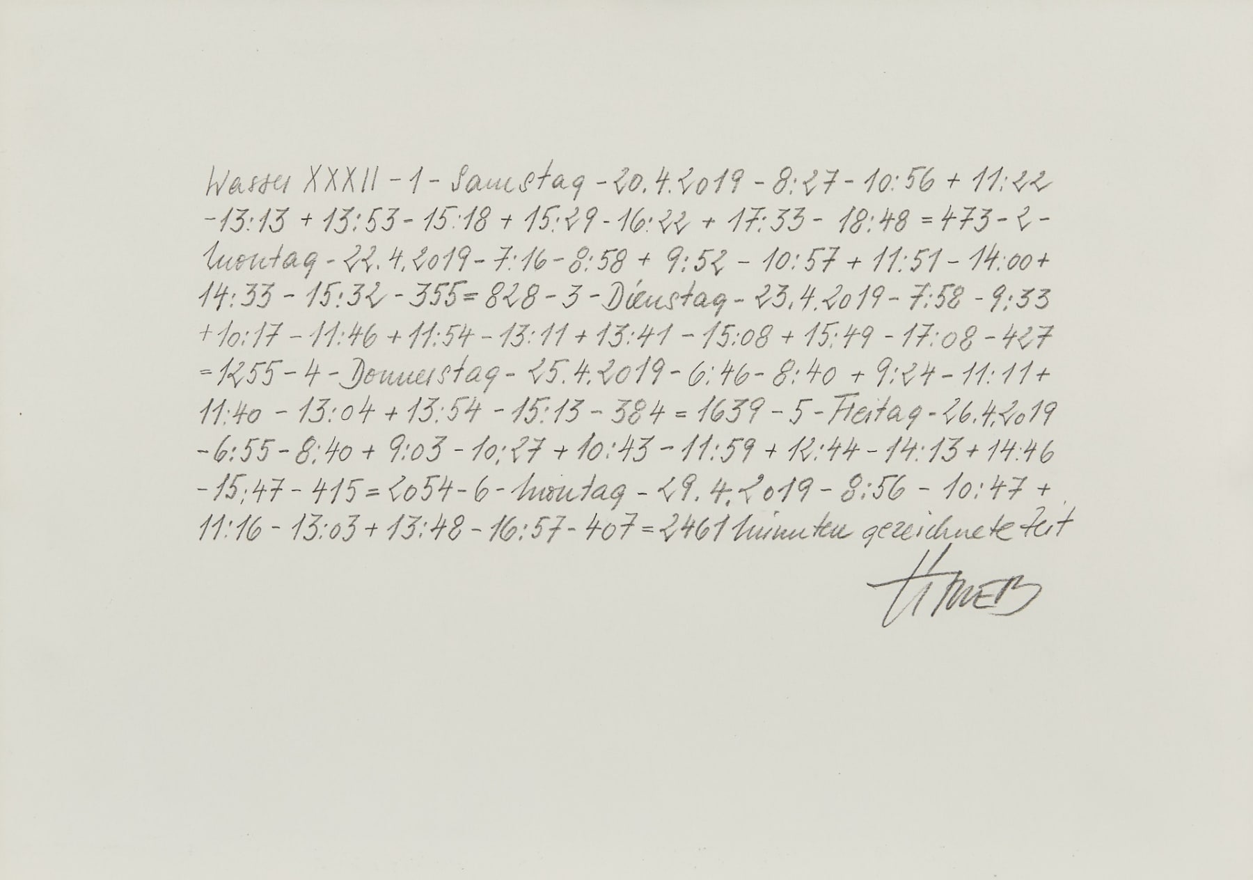 Li Trieb, Wasser XXXII, 24.4.2019-8:27 – 29.4.2019-16:57 | 2461 Minuten gezeichnete Zeit