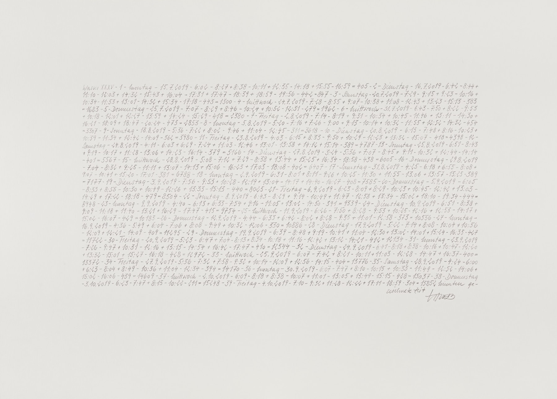 Li Trieb, Wasser XXXV, 15.7.2019-6:02 – 4.10.2019-18:59 | 15852 Minuten gezeichnete Zeit