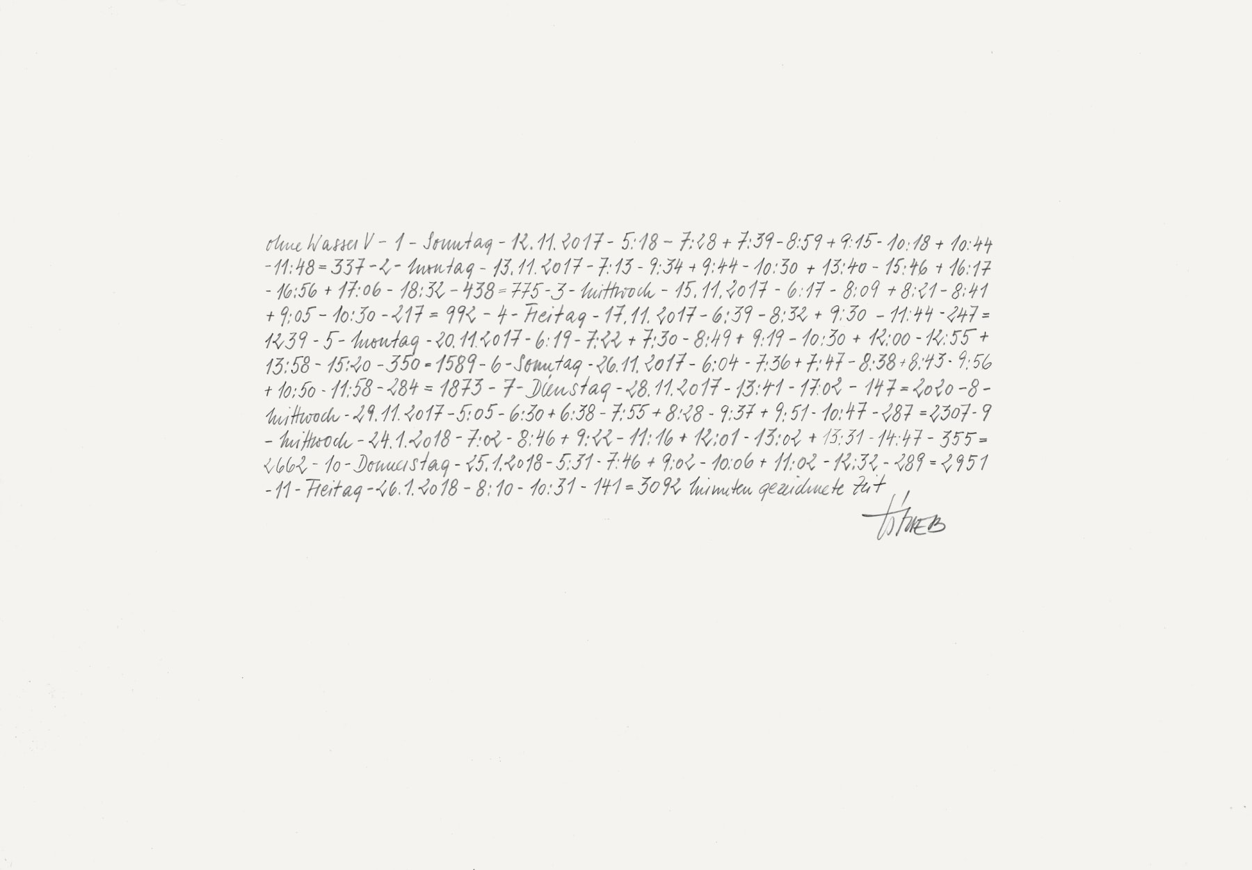 Li Trieb, ohne Wasser V, 12.11.2017-5:18 – 26.1.2018-10:31 | 3092 Minuten gezeichnete Zeit
