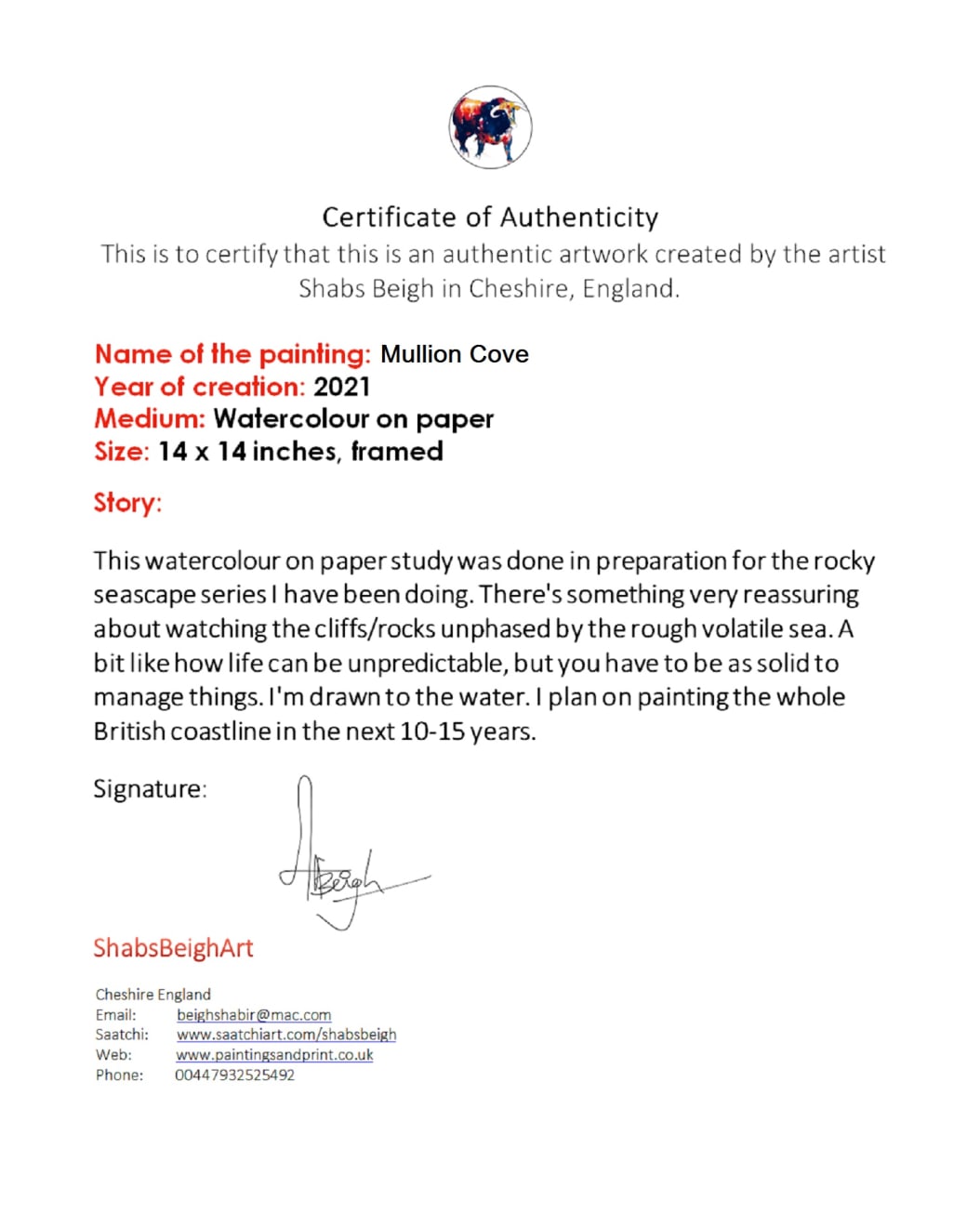 Shabs Beigh, Mullion Cove, 2021