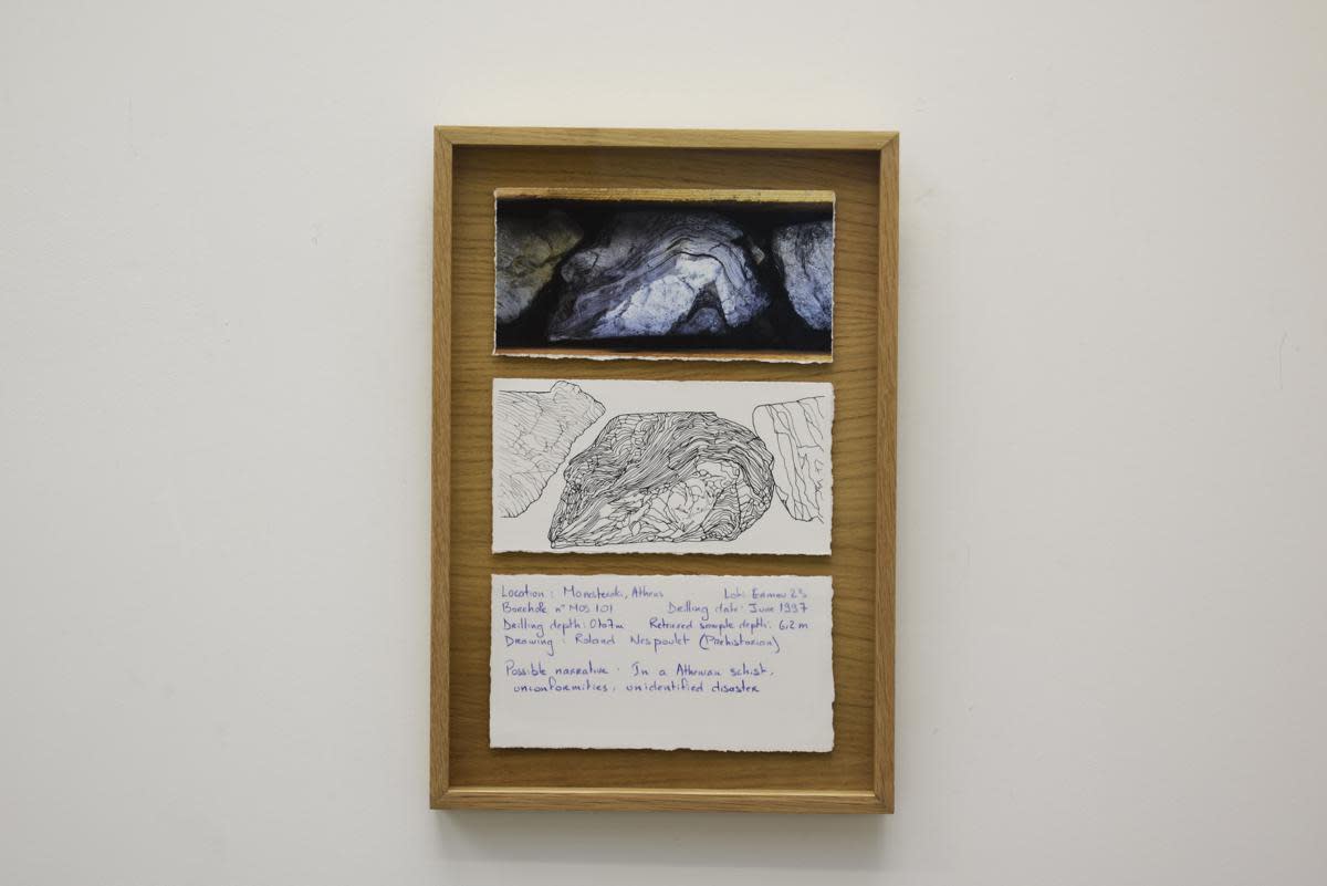 Joana Hadjithomas and Khalil Joreige, Trilogies, Monasteraki 11 (6.2m), 2018 - 2021, Work on paper, photo, printed drawing and handwriting in blue pencil, 44 x 30 x 3.5 cm.