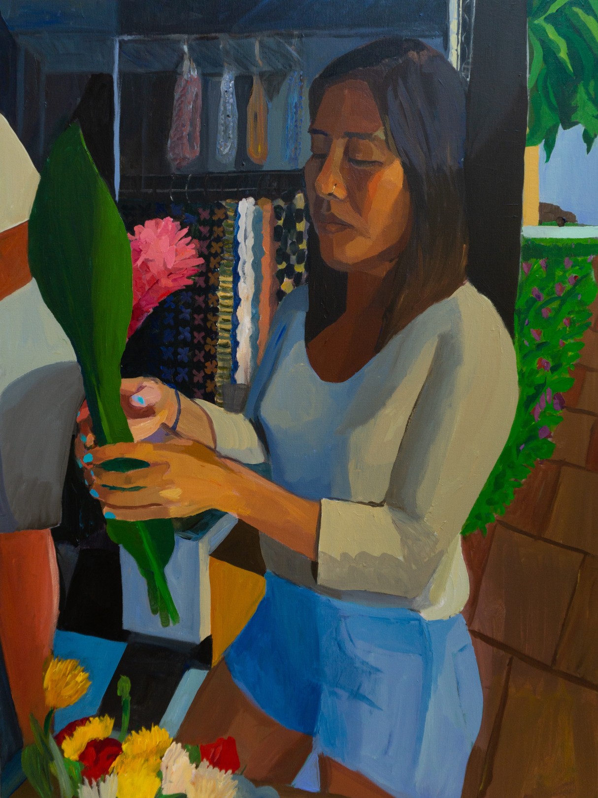 Priscilla buying Mom flowers (Honolulu), 2021 Acrylic and oil pastel on linen 101.5 x 76 cm. / 40 x 30 in.