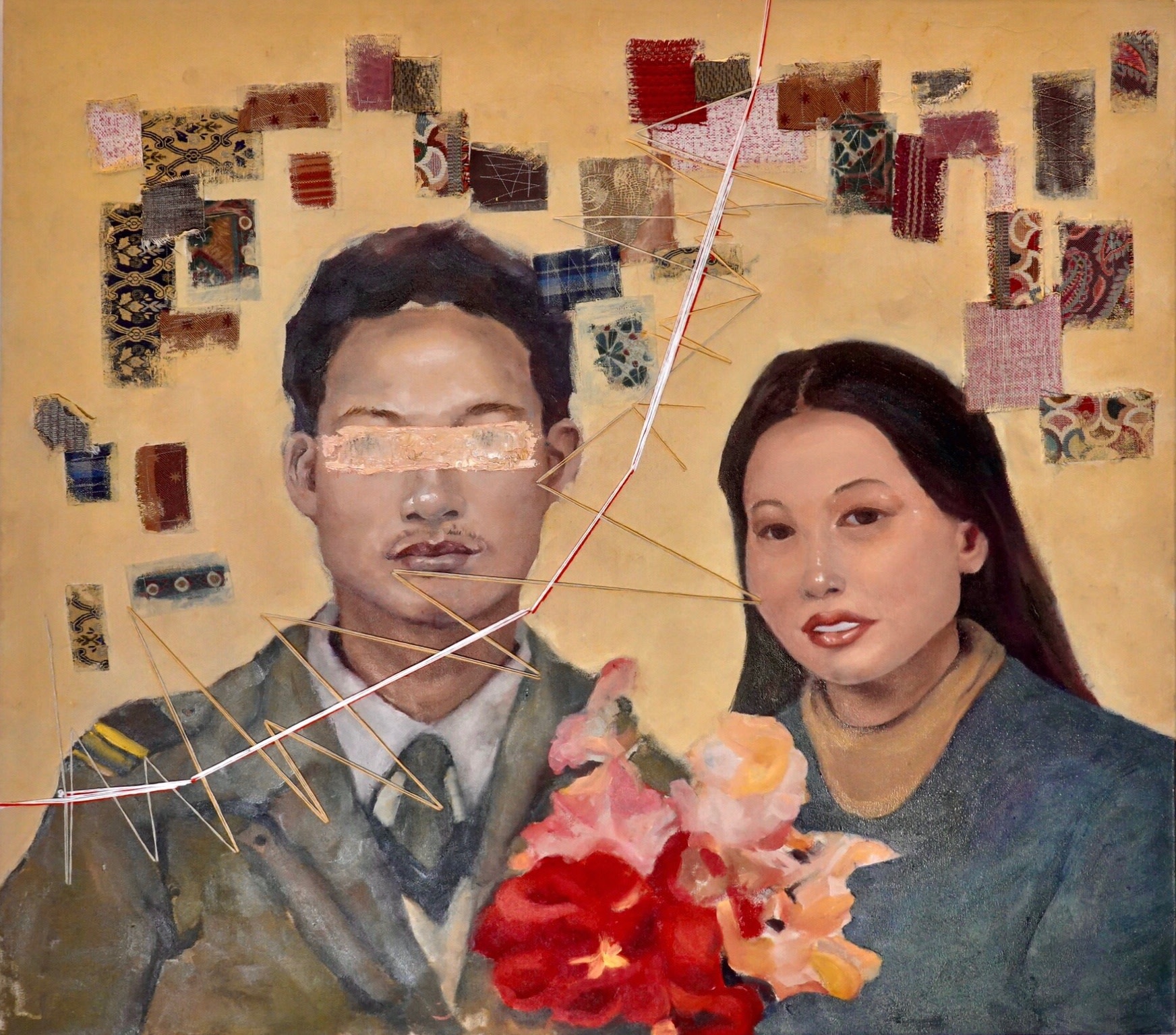 Xinan Yang Immoral Daughter, 2020 Oil, thread, and mixed mediums on canvas 90 x 102 cm. / 35 x 40 in.
