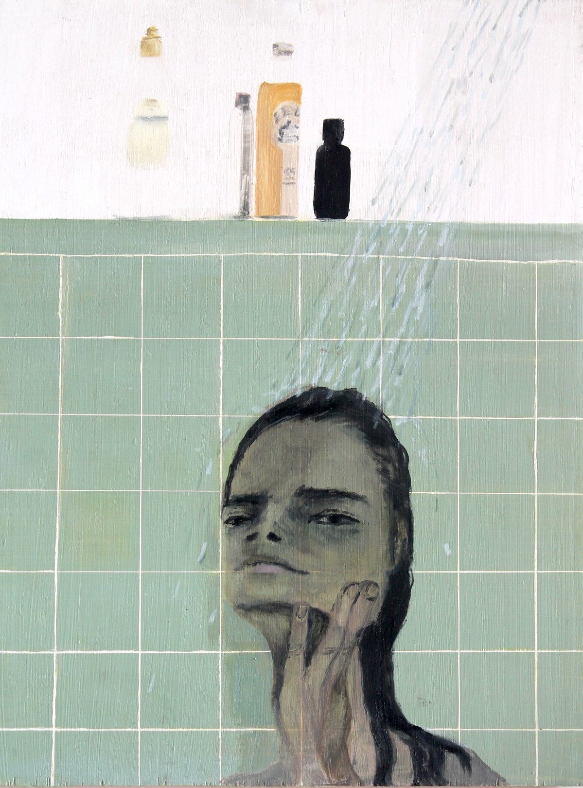 Aubrey Levinthal Long Shower (Lady), 2020 Oil on panel 60 x 46 cm. / 24 x 18 in. Courtesy Monya Rowe Gallery and copyright of the artist