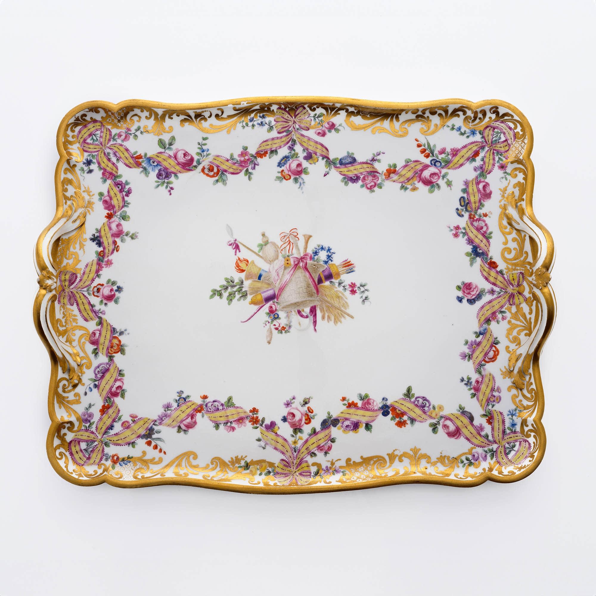 Sèvres Porcelain, A Hard-Paste Sèvres Porcelain Tray with Ribbons and Flowers, 1776
