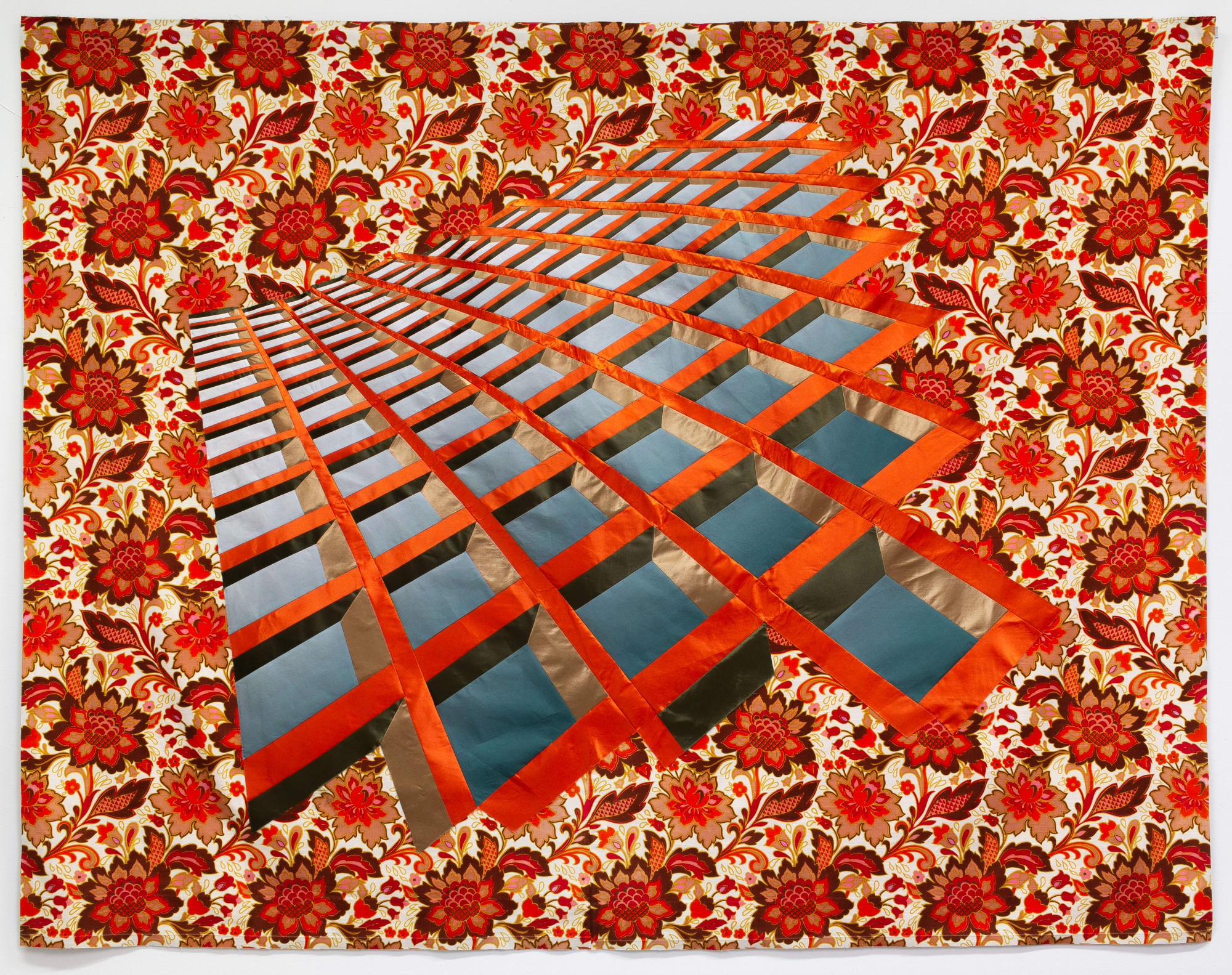 Inger Bergström, Perspective of Glossy Fabrics with Floral Background I, 2021