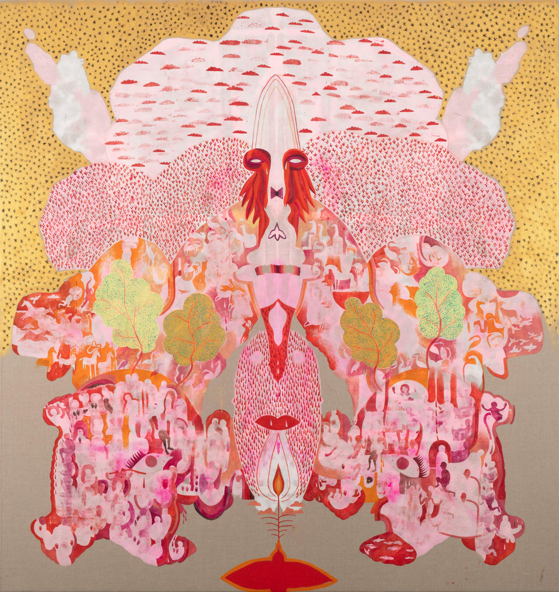 Radka Bodzewicz, N.10 Vyhnání z Ráje, nebe, rajská louka, zvířecí svět, lidský svět, zlatá obloha, všechno to sleduješ / N.10 N.10_Expulsion from Paradise_heaven, paradise meadow, animal world, human world, golden sky_are you watching all this, 2023