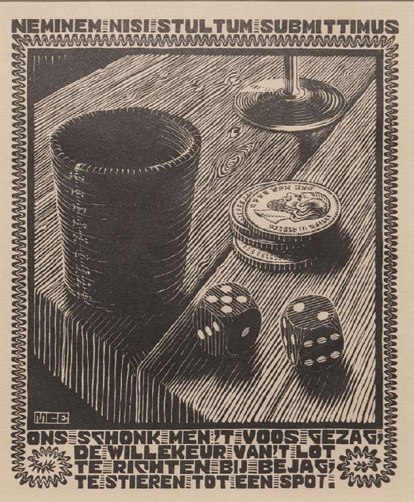 M.C. Escher, Dice, from Emblemata XVIII, 1931