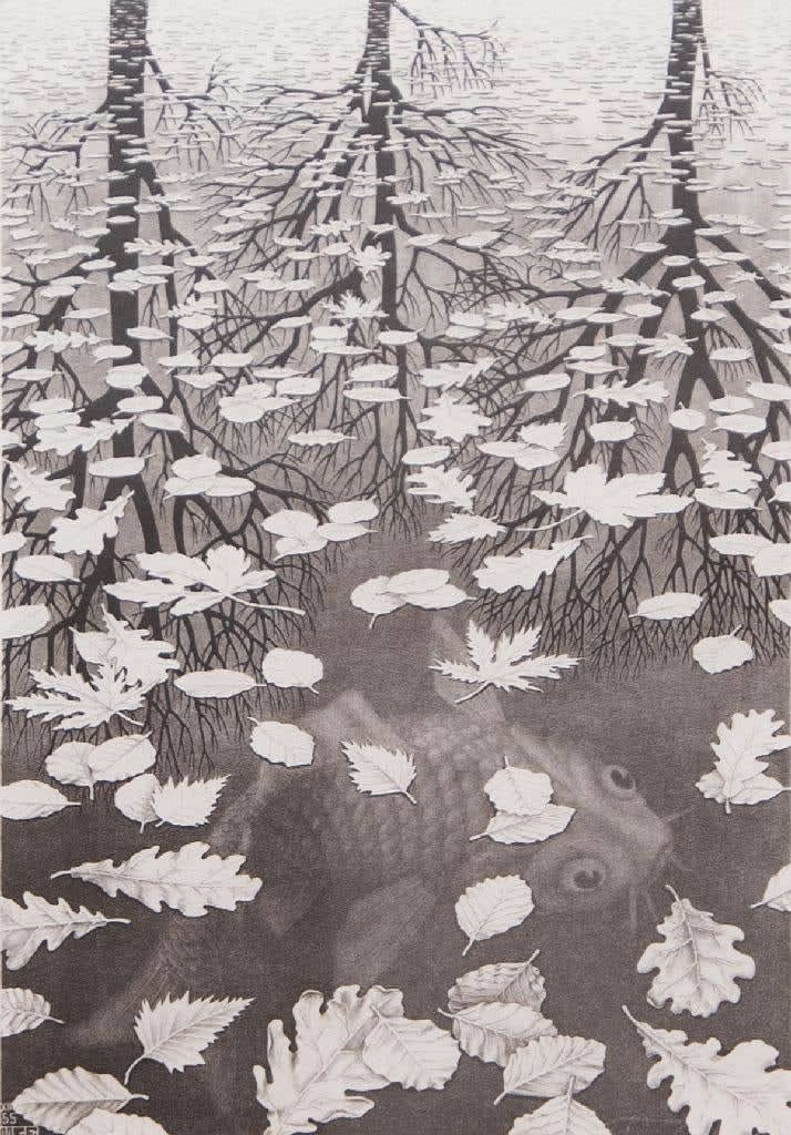 M.C. Escher, Three Worlds, 1955
