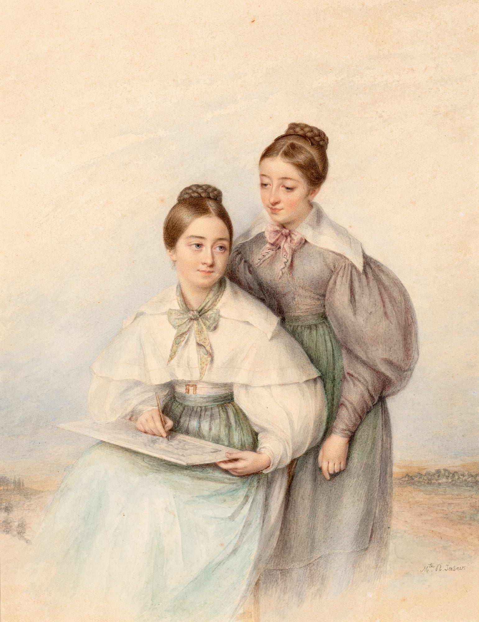 MARIE MARGUERITE-JASER, A young artist drawing in a landscape, with a friend