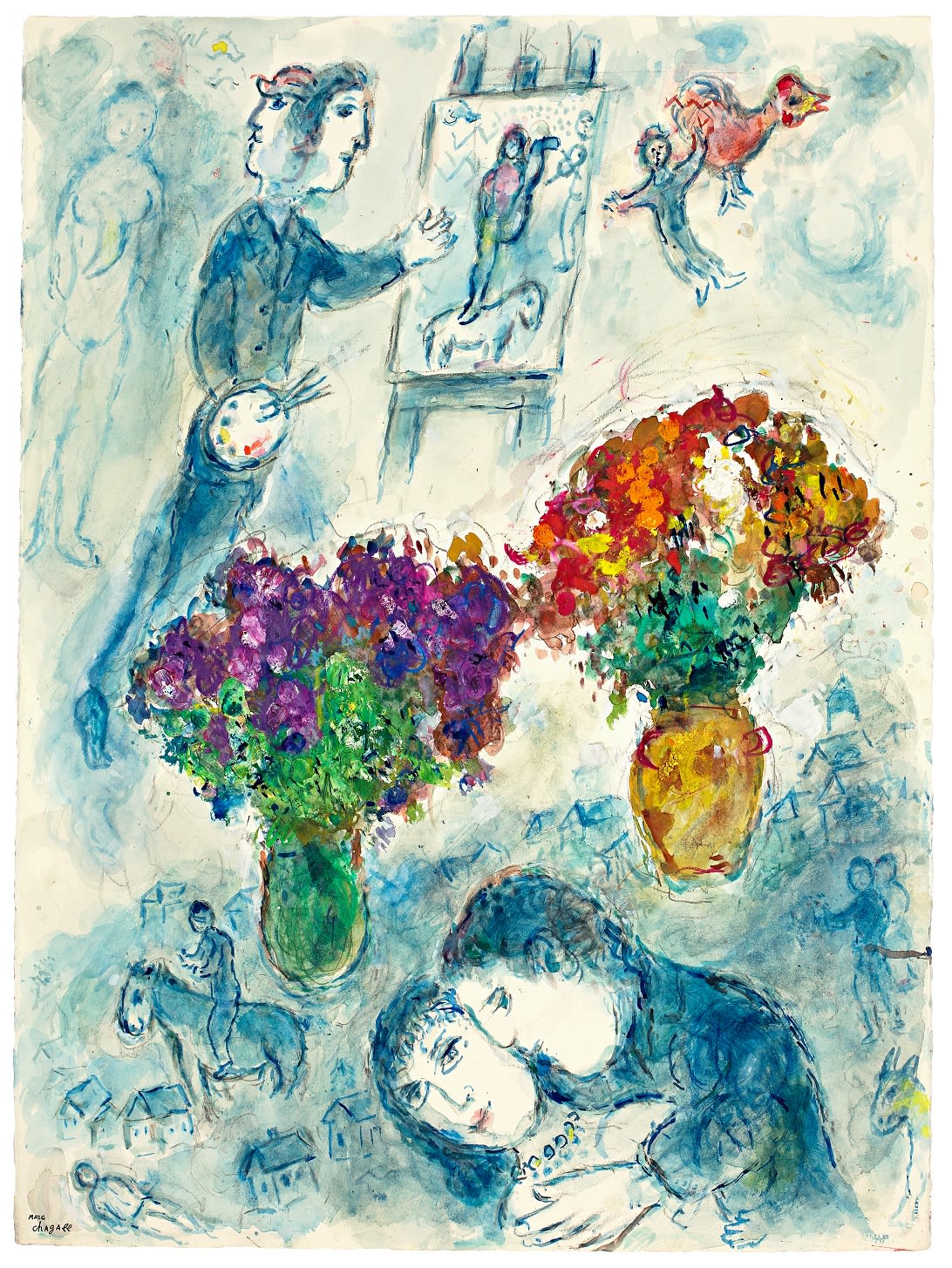 Marc Chagall, Les amoureux aux deux bouquet et le peintre , c.1975
