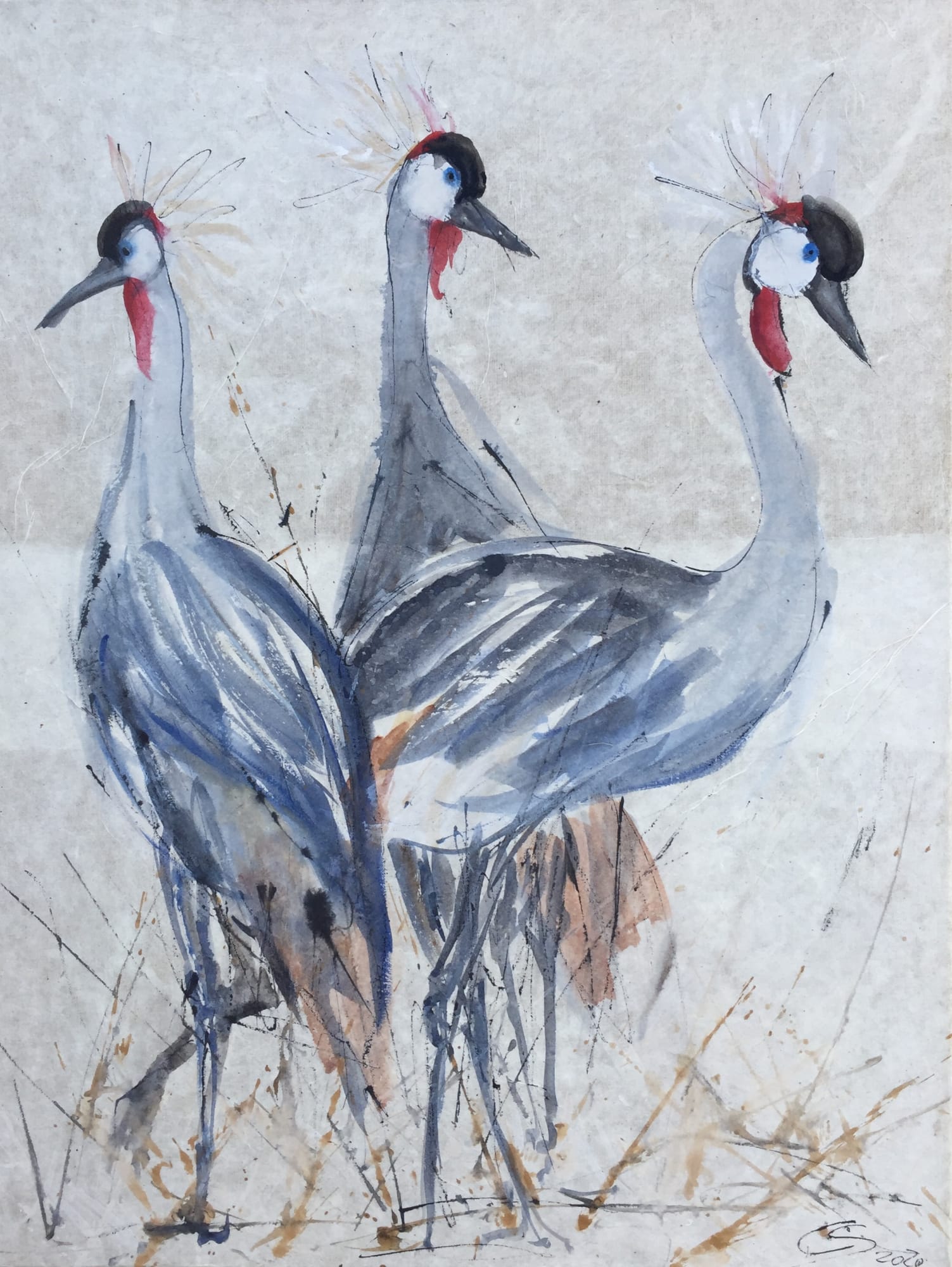 Christine Seifert Three Crested Cranes Unframed Hungerford Gallery christine-seifert-three-crested-cranes-unframed-hungerford-gallery