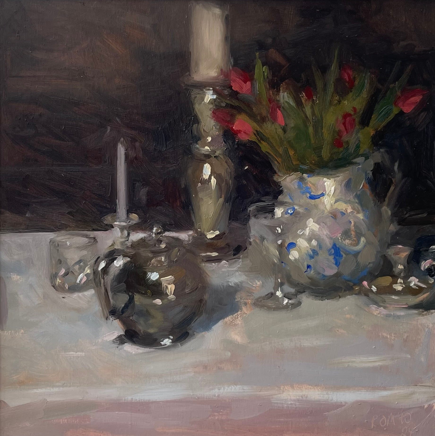 Rachel Wright, Still Life with Silver and Tulips (Hungerford Gallery)