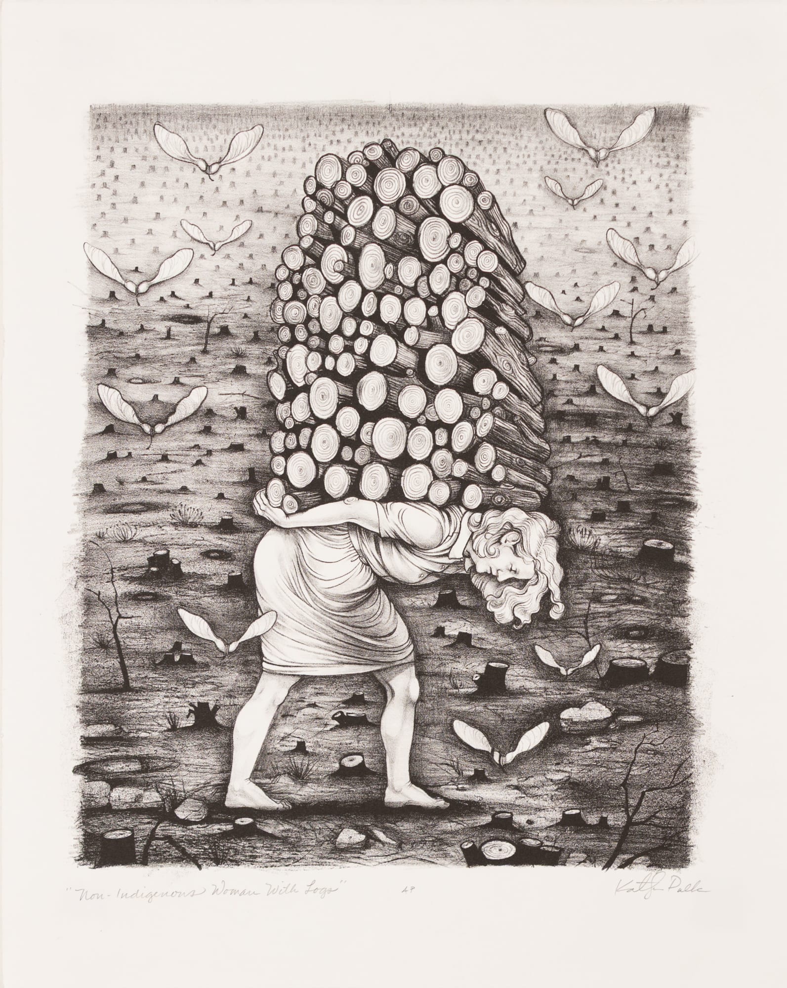 Kathryn Polk, Non Indigenous Woman with Logs, 2010