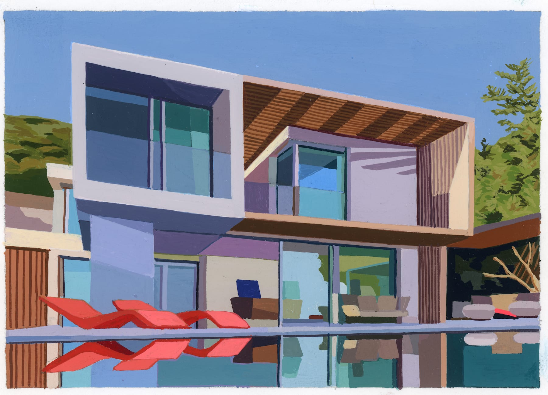 Andy Burgess, Summer House With Red Loungers, 2020