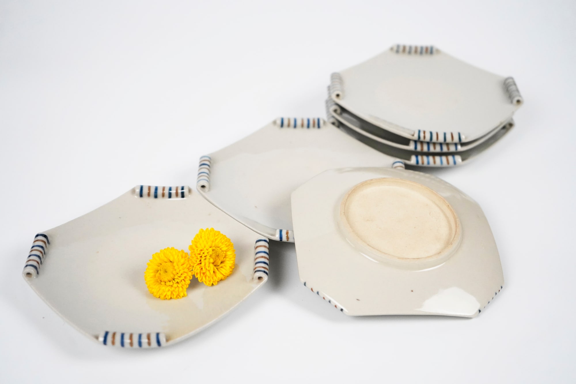 Set of 9 Bankoware Side dishes 萬古焼 糸巻銘々皿, Taisho-Showa Period, 大正〜昭和時代