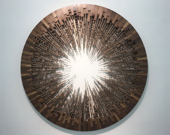 James Mcnabb Integrity Sculpted composition in walnut 183 x 183 x 8 cm