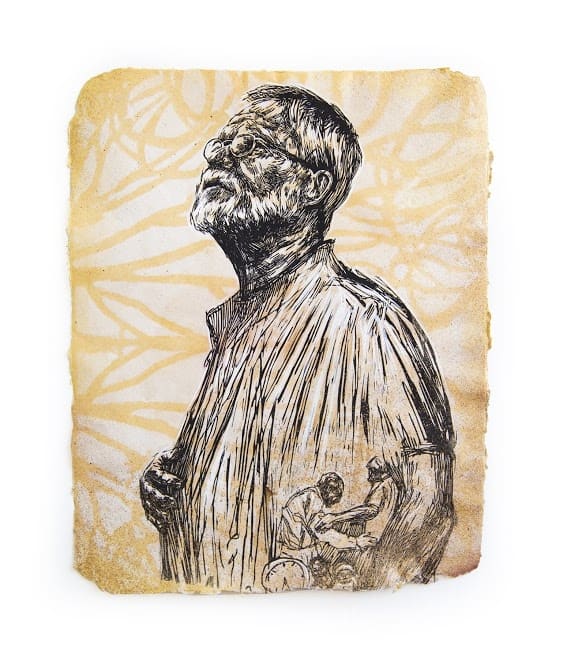 Swoon Milton Hand painted with silkscreen ink and acrylic gouache on handmade paper *Paper made by the artist 35 x 28 cm 13" x 11"