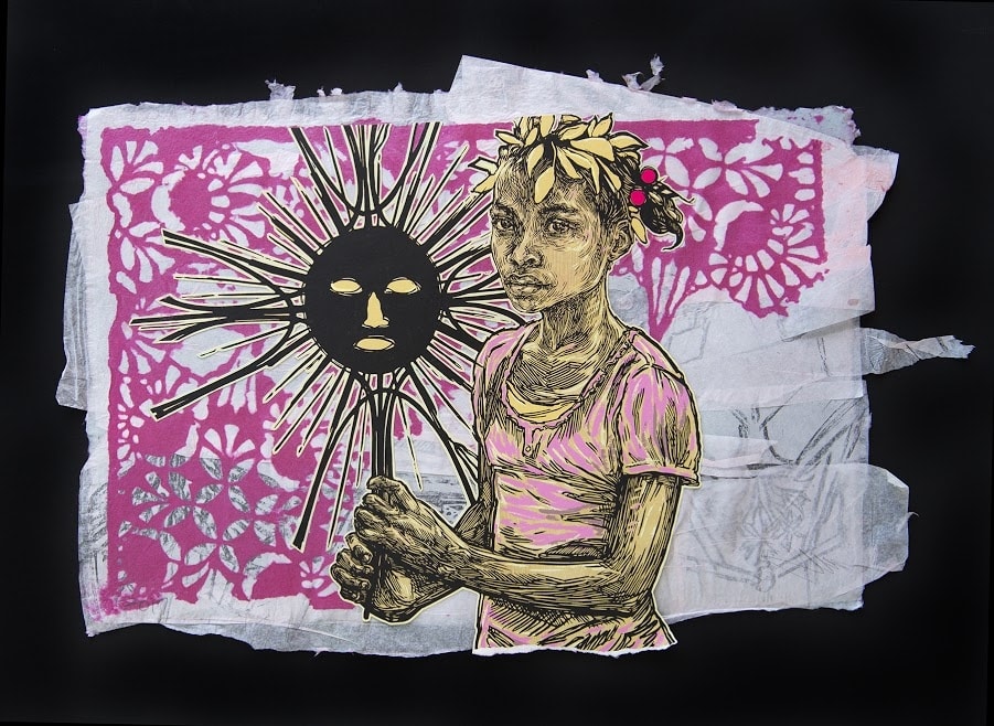 Swoon Edline Hand painted with silkscreen ink and acrylic gouache on handmade paper *Paper made by the artist 34 x 51 cm 13.5" x 20"