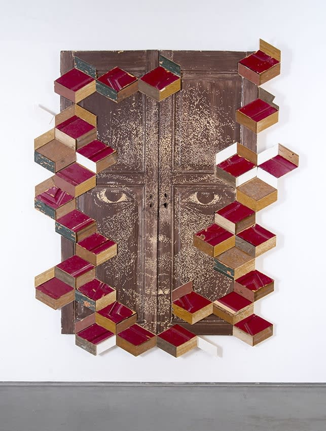 Vhils Orderliness Series #04 Old wooden doors, hand-carved, cut and assembled 232 x 192 x 50 cm