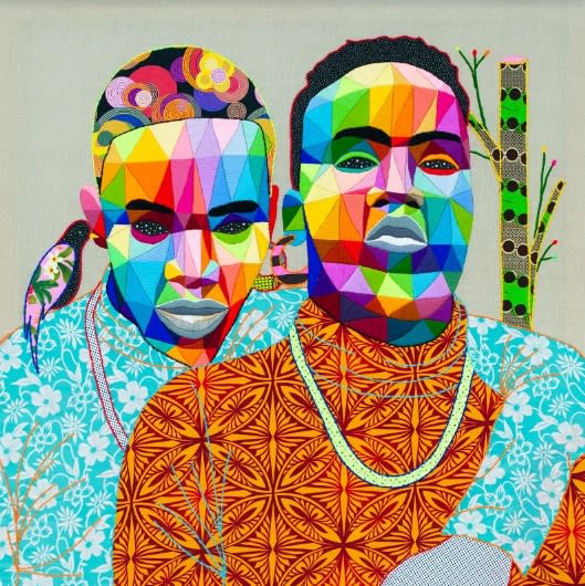 Okuda San Miguel Queer Faka Wool and Fabrics on canvas 120 x 120 cm