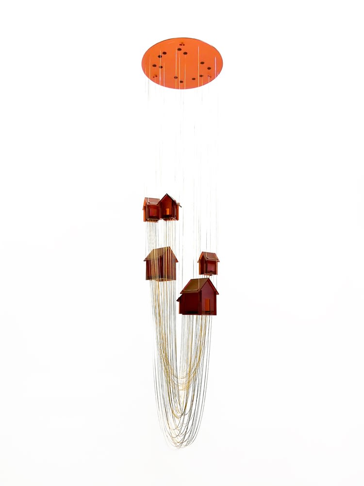 David Moreno Pendant Floating Community II Lasercut, acrylic, Brass chain, Bordeaux 30 x 30 x 130 cm