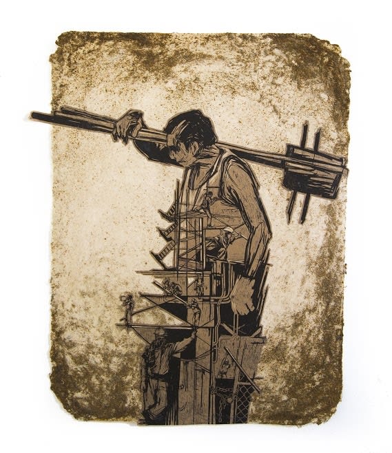 Swoon Construction worker Hand painted with silkscreen ink, acrylic gouache and copper leafing on handmade paper *paper made by the artist 60 x 48 cm 24" x 19"