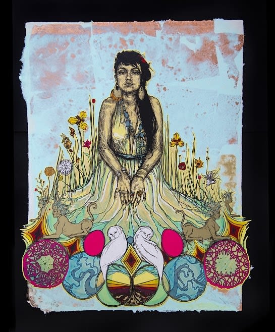 Swoon Moni Hand painted with silkscreen ink and acrylic gouache on handmade paper *Paper made by the artist 60 x 48 cm 23.5" x 19"