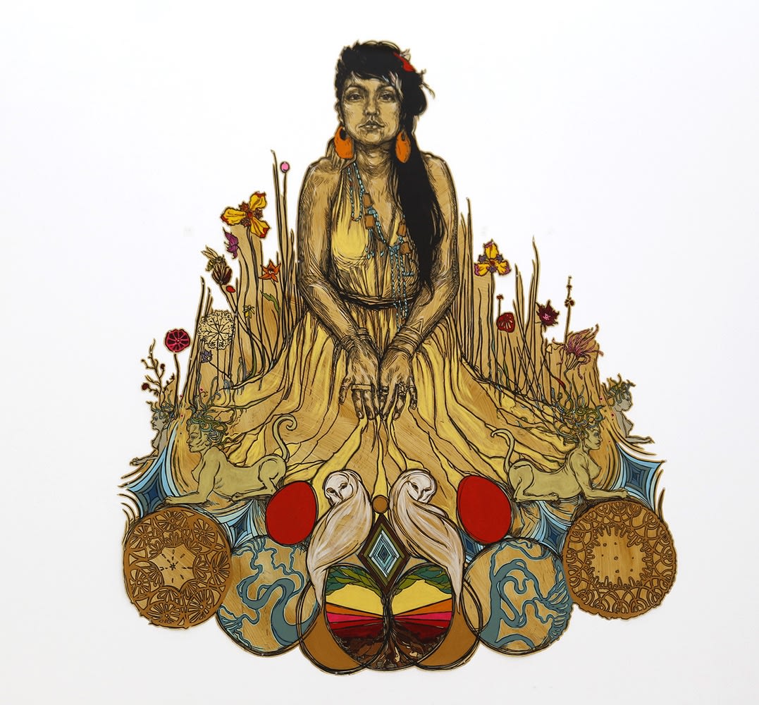 Swoon Moni And The sphynx Block print, coffee stain and gouache on mylar, Signed Variant 1/9, 213 x 188 cm 84 x 76 inches