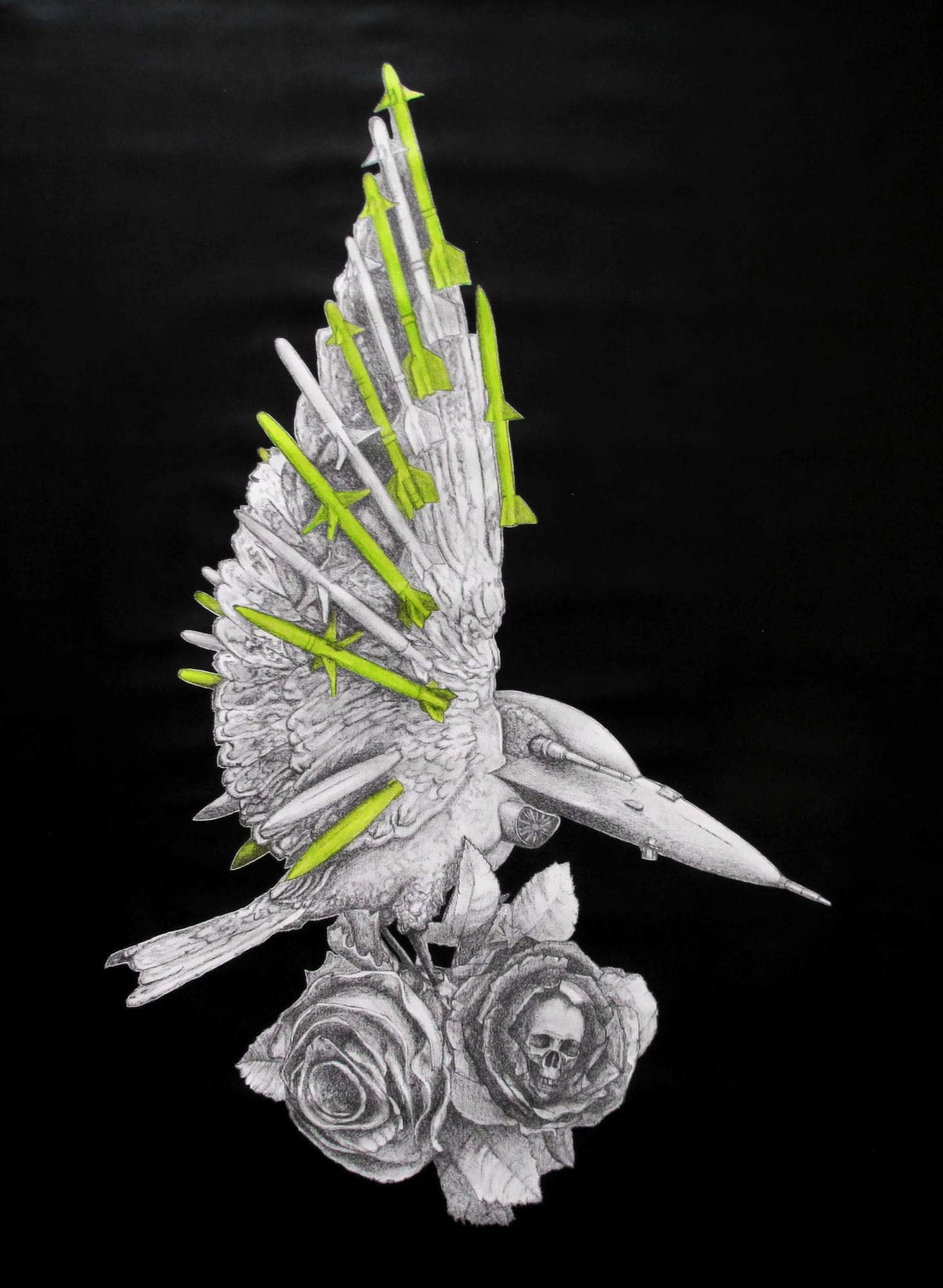 Ludovic Vernhet Swallow on roses Mine, charcoal, oil painting and aerosol on canvas 150 x 110 cm 59 x 43.5 in.